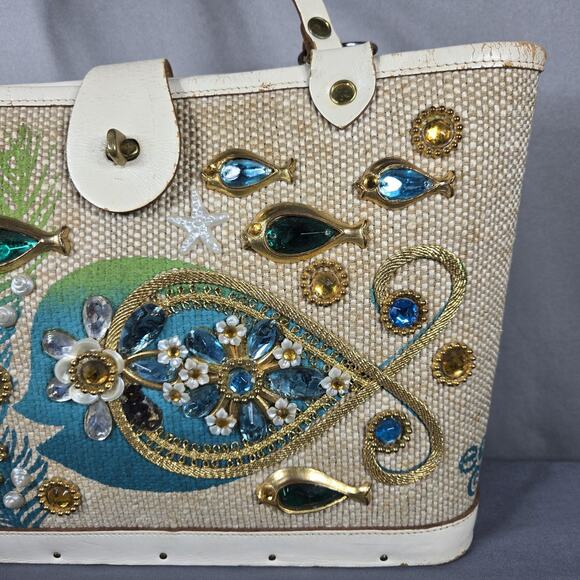 1966 Enid Collins Texas Sea Garden Jeweled Bag Vintage Tote Purse Fish Coastal - Picture 3 of 14